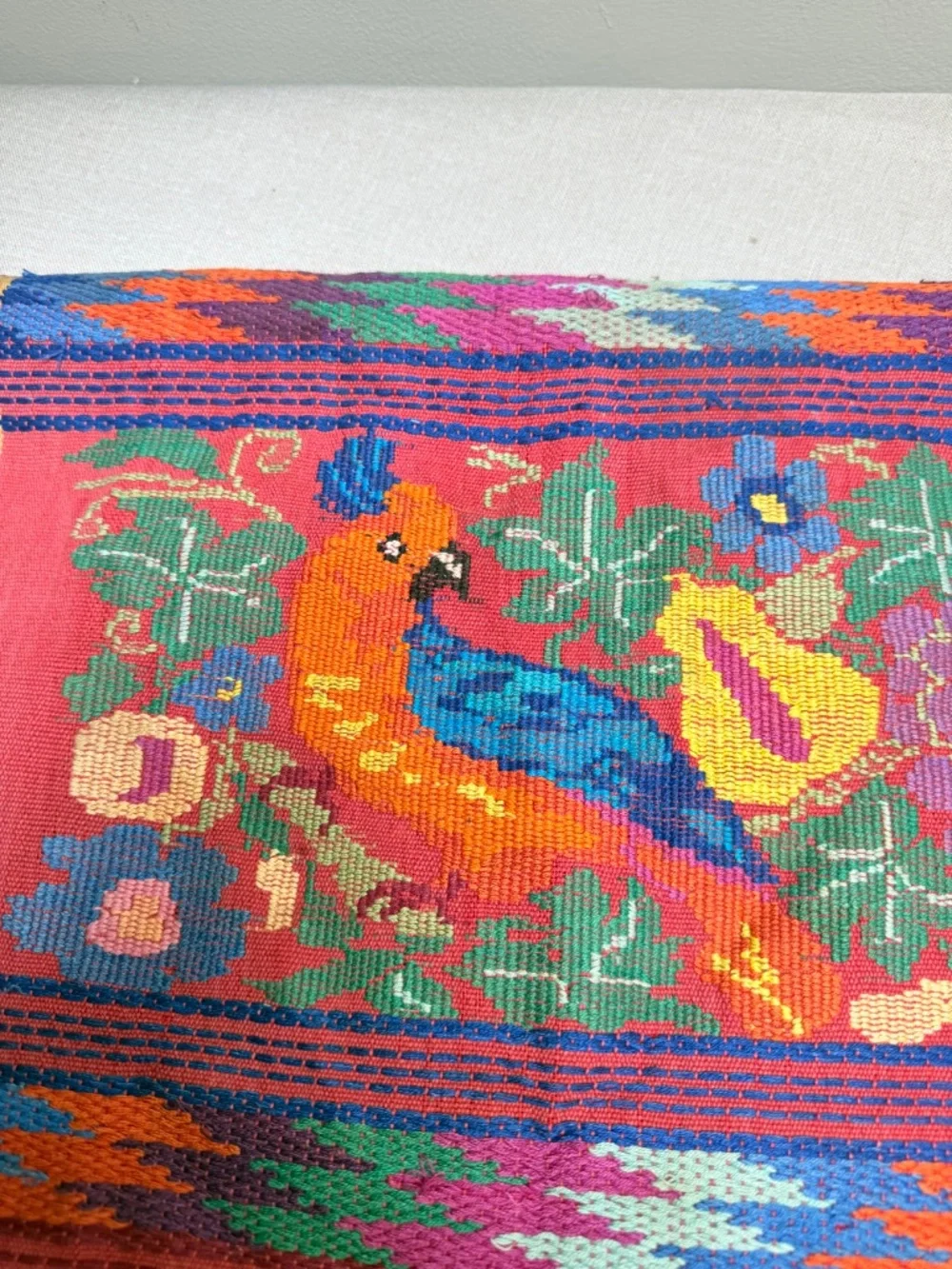 Guatemalan Hand Woven Multi Color Bird Table Runner Ruby Quetzal
